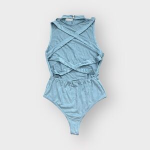 Forever 21 Baby Blue Faux Suede Back Strappy Bodysuit - Mockneck